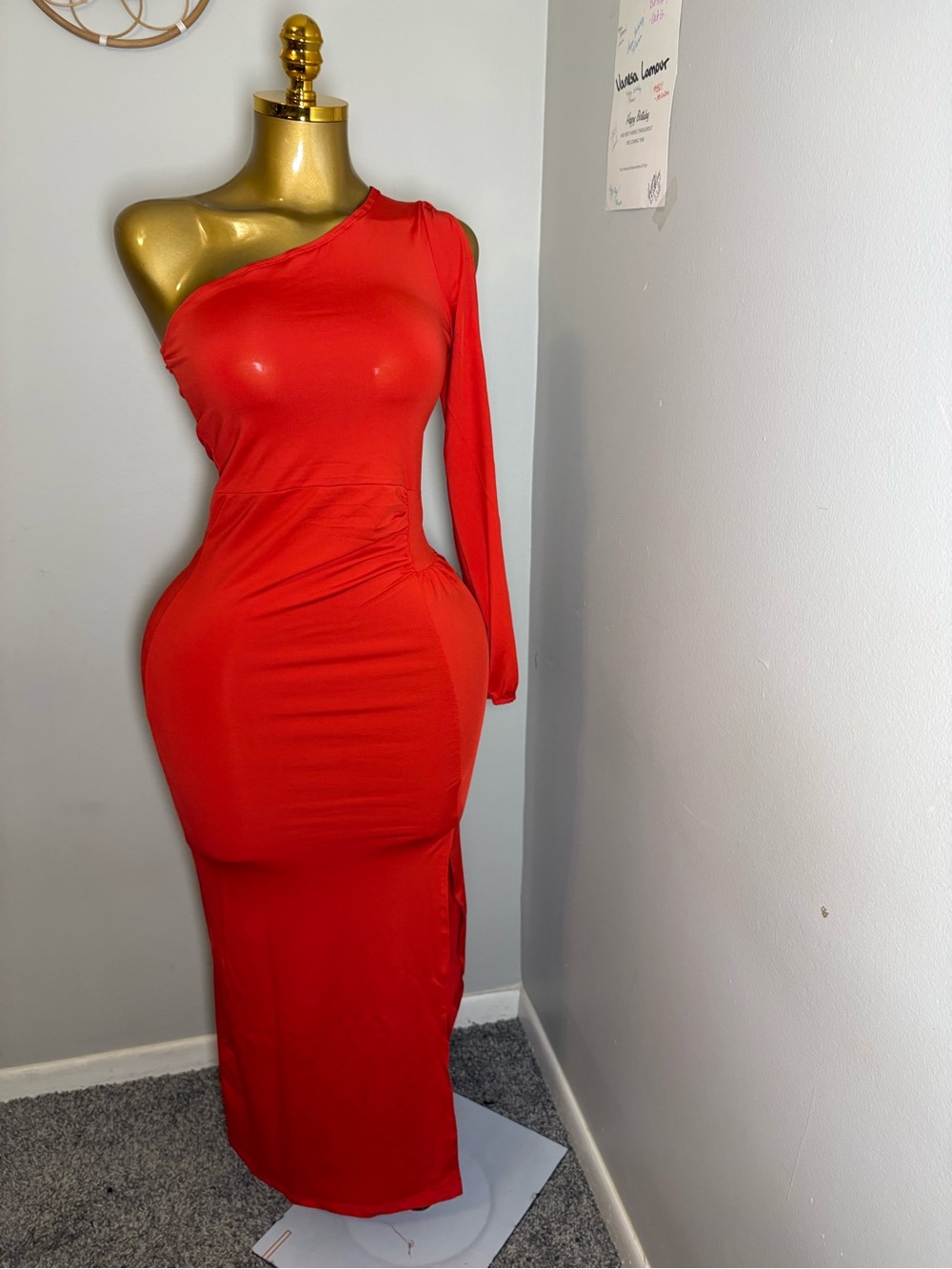 One-Shoulder Red Bodycon Maxi Dress - Elegant Evening Style